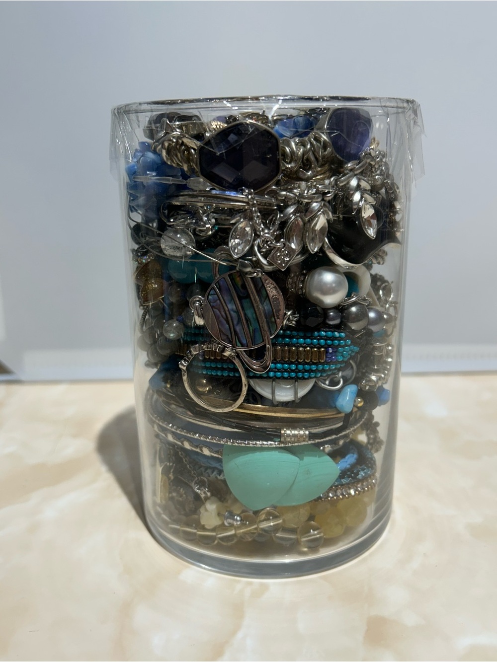 Mystery Jewelry Jar Cool Blues & Silver Tones